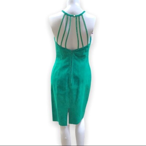 Danier Leather Genuine Suede Leather Emerald Green Halter Bodycon Mini Dress - Picture 3 of 8